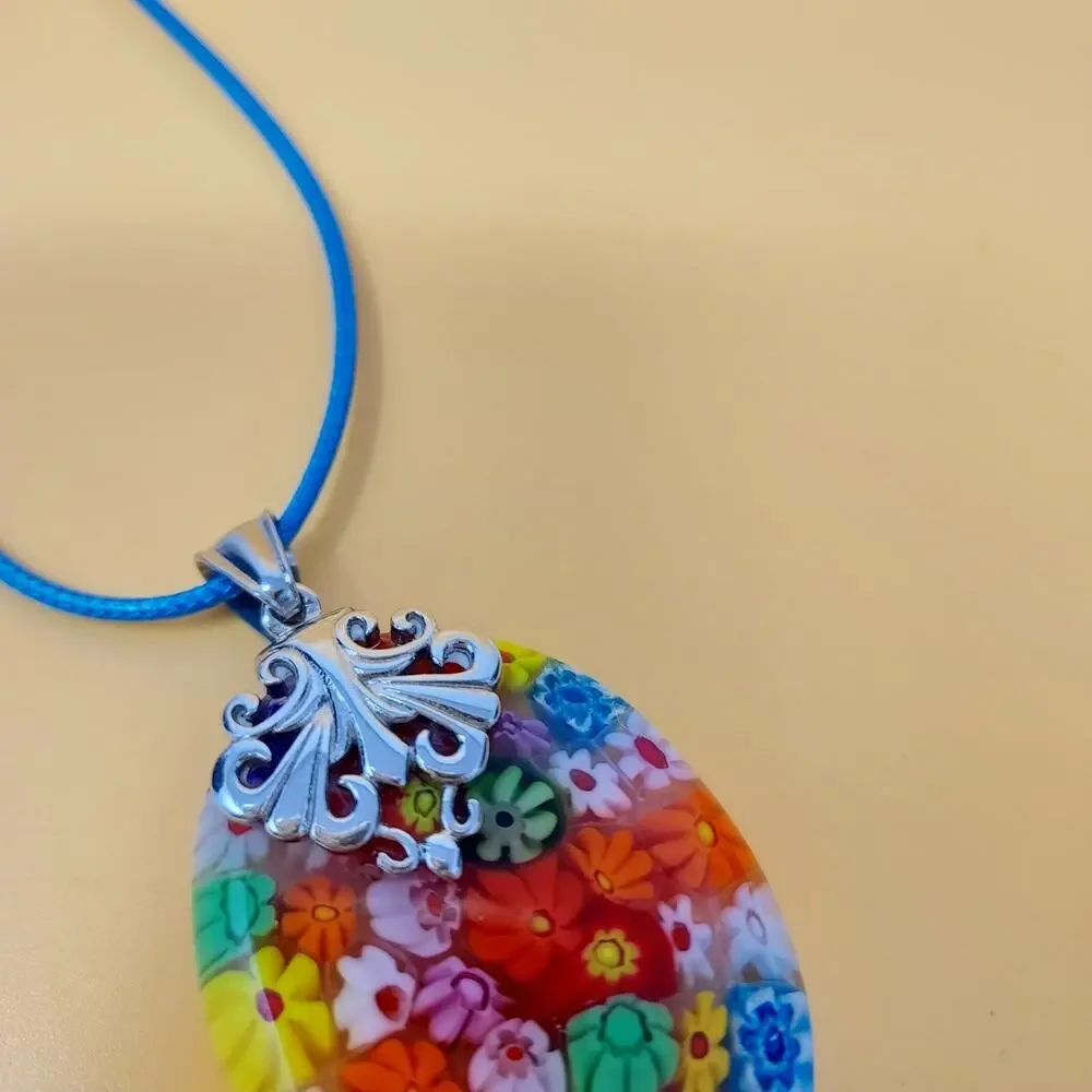 Glass Millefiori Pendant 2" drop Silver Tone Accents Colorful Italy Boho Artisan - Picture 5 of 9
